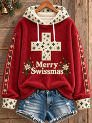Sweat à capuche en flanelle imprimé art de Noël suisse pour femmes