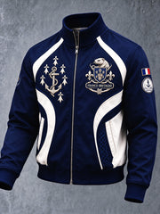 Veste décontractée zippée pour homme, bleu foncé, imprimé patchwork breton français
