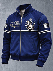 Veste décontractée zippée pour homme, bleu foncé, imprimé fouine de Bretagne française
