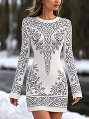 Les femmes Vintage Viking Roses et noeud celtique Motif col rond robe de style pull
