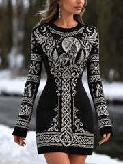 Robe pull vintage pour femme, col rond, motif loup viking et nœud celtique