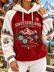Sweat à capuche pour femme à manches raglan, doublé polaire, avec imprimé graphique sur le thème des Alpes