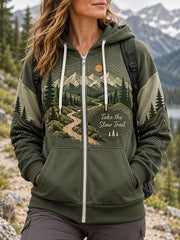 Sweat à capuche zippé pour femmes, motif sentier en pleine nature, idéal pour les amoureux de la randonnée