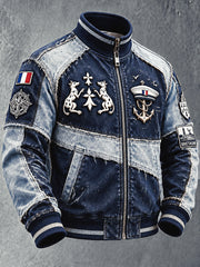 Veste zippée décontractée pour homme, style breton français vintage, motif patchwork
