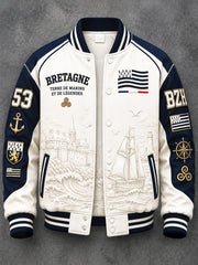 Veste de baseball décontractée pour homme, en patchwork blanc cassé et imprimé Bretagne française