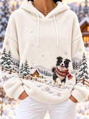 Mignon hiver Border Collie Imprimer chien amoureux flanelle Casual Hoodie des femmes
